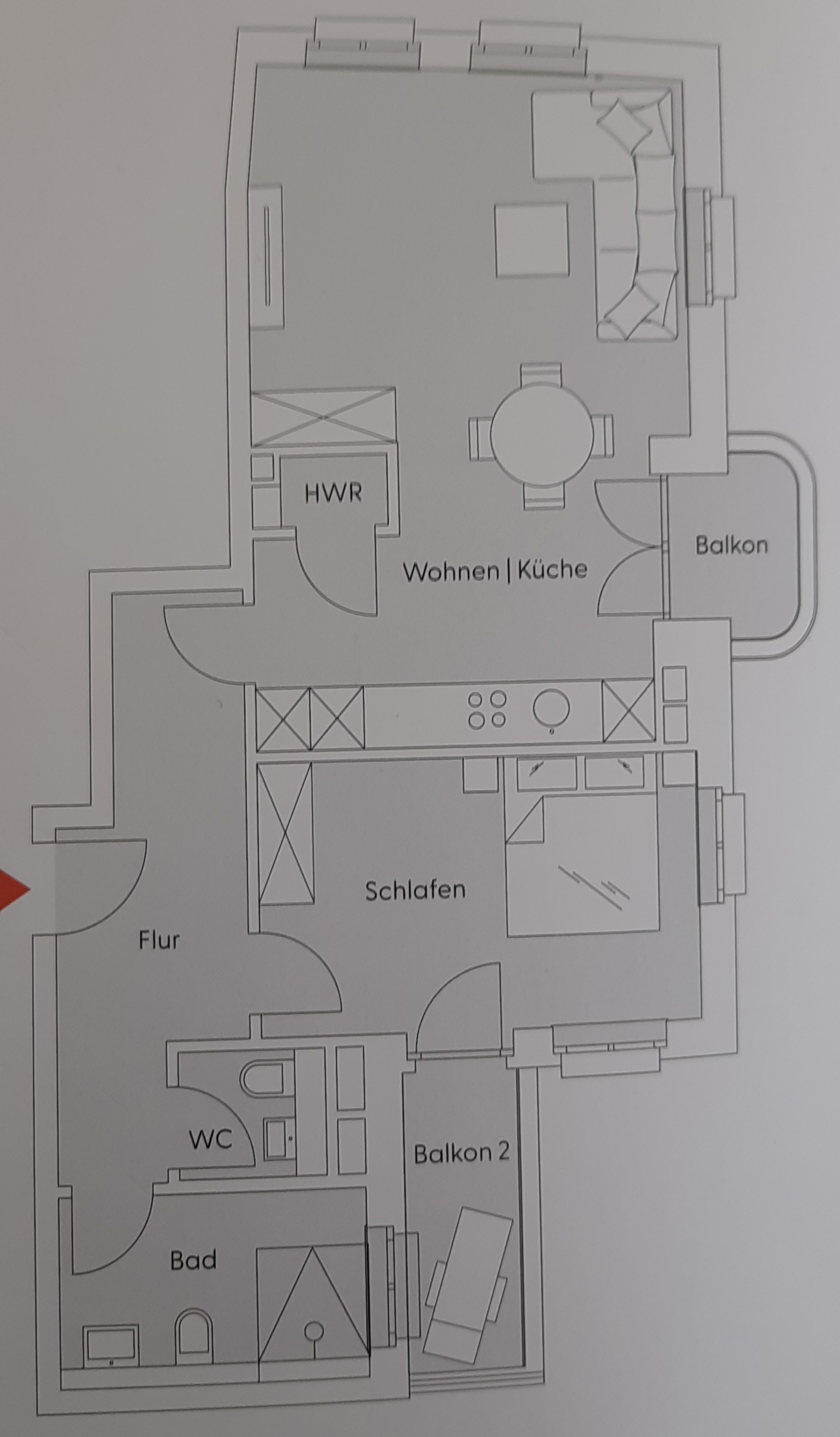 Detailed floor plan showing 2-room apartment layout with balconies
